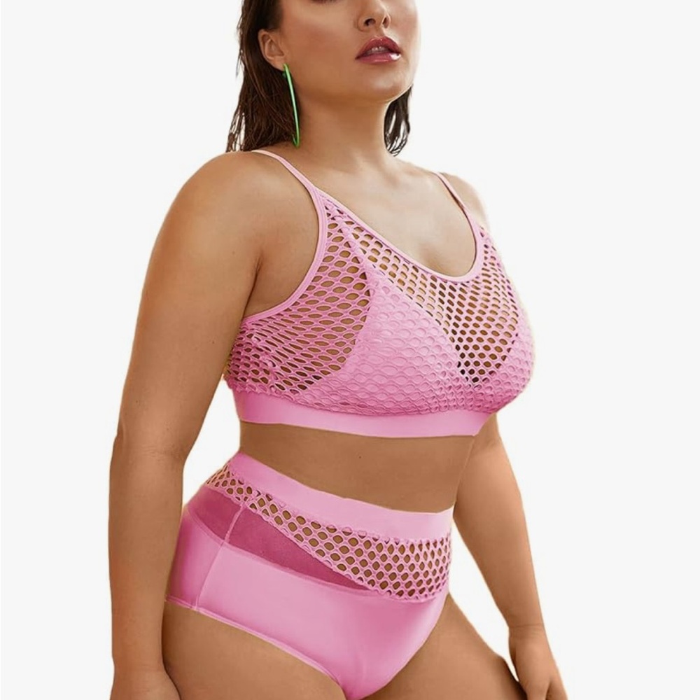 Pink Mesh Bikini Set with Sporty Bralette and High-Waisted Bottoms